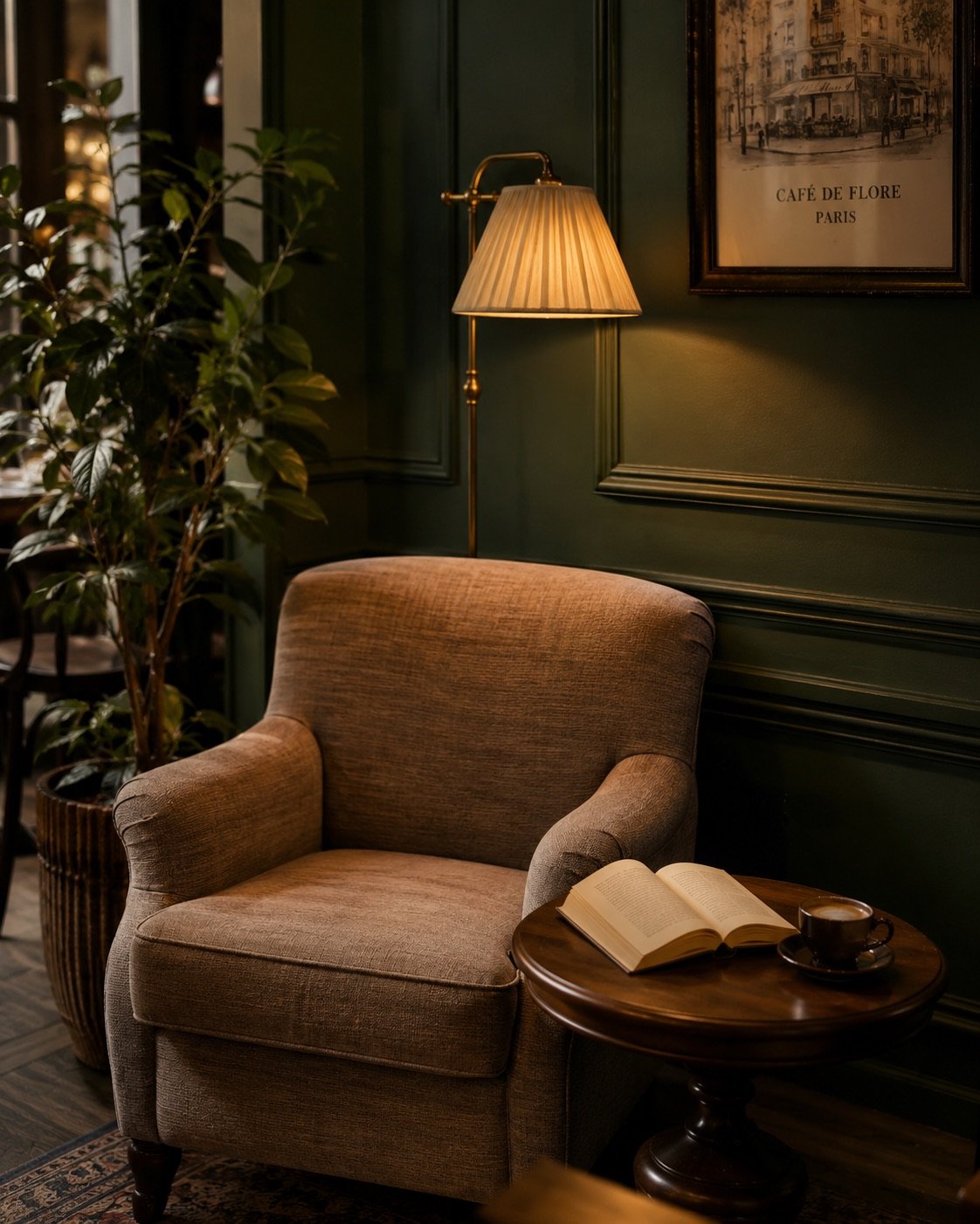 Coin lecture calme de Calmenthe avec fauteuil, lampe d'appoint et livre ouvert
