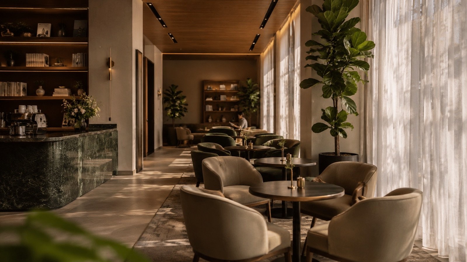 Intérieur du café Calmenthe : fauteuils confortables, plantes vertes et lumière naturelle filtrée par des rideaux
