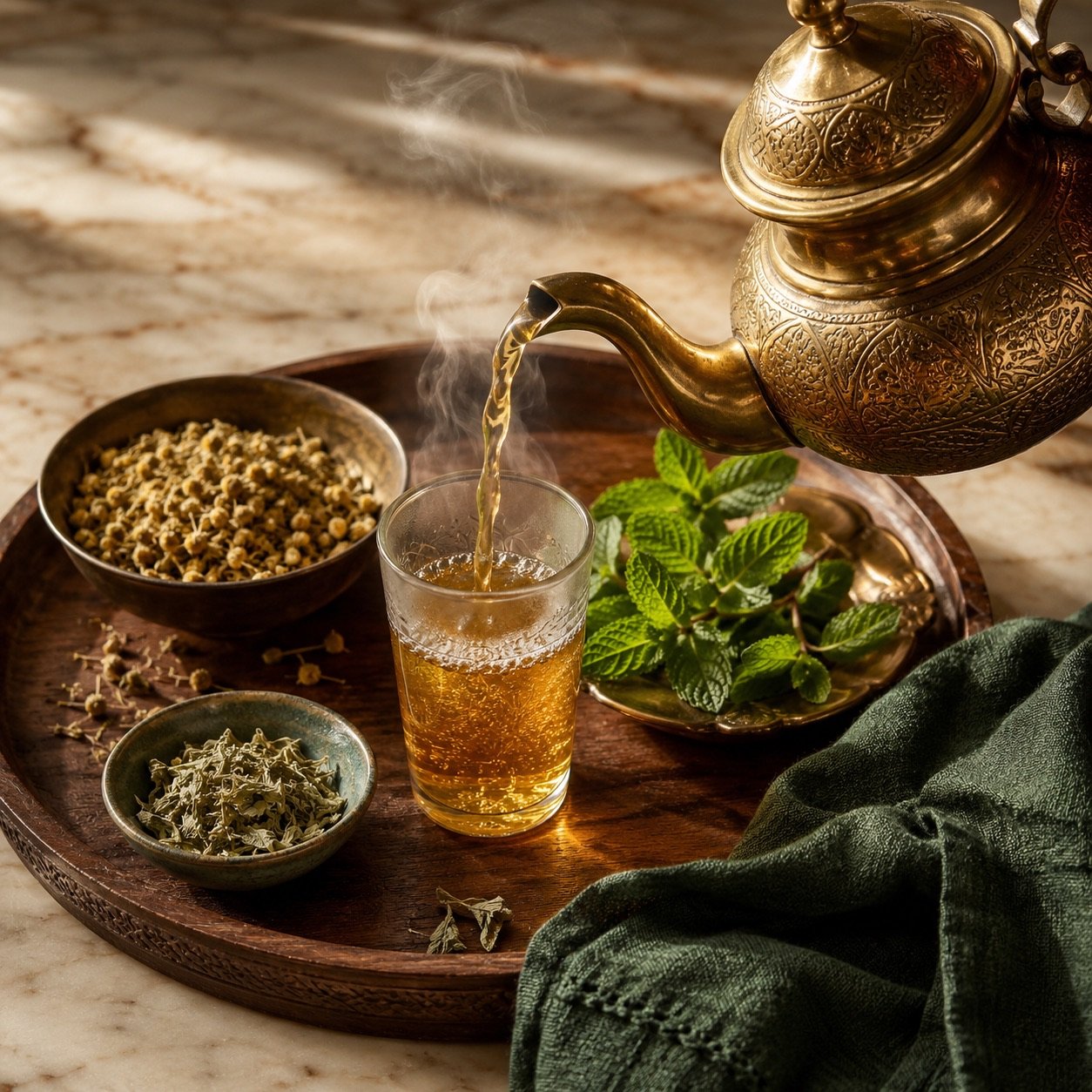Thé marocain et infusions bio servis dans des verres et une théière en laiton